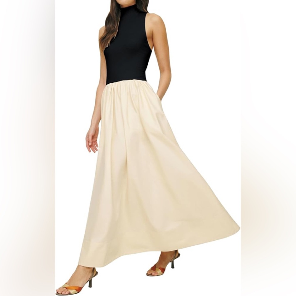 Sleeveless Black Bodice with Cream Maxi Skirt Dress - Classic Two-Tone Maxi